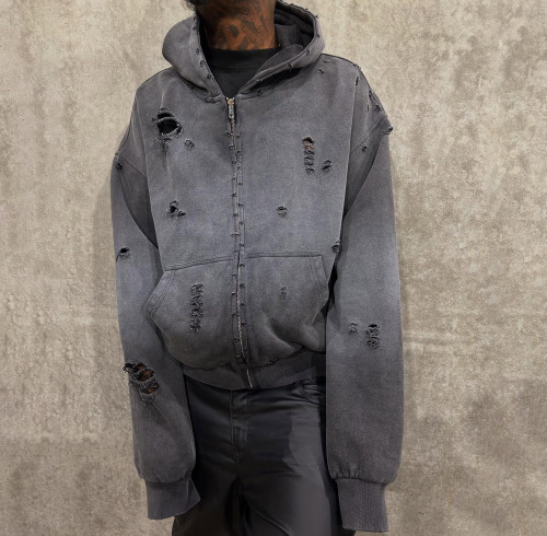 Custom Clothing Manufacturers Cotton Acid Washed Distressed Zip-up Hoodie