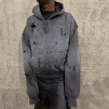 Custom Clothing Manufacturers Cotton Acid Washed Distressed Zip-up Hoodie