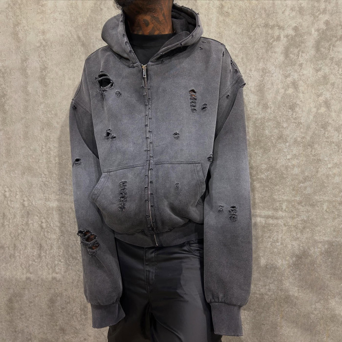 Custom Clothing Manufacturers Cotton Acid Washed Distressed Zip-up Hoodie