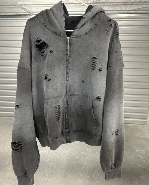 Custom Clothing Manufacturers Cotton Acid Washed Distressed Zip-up Hoodie