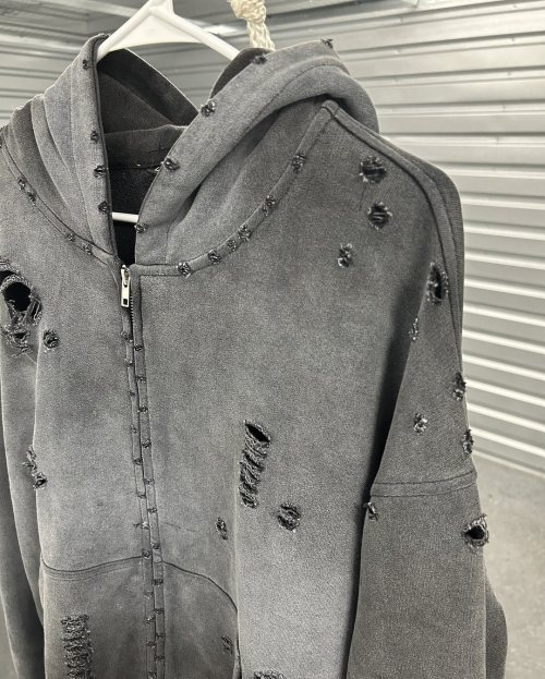 Custom Clothing Manufacturers Cotton Acid Washed Distressed Zip-up Hoodie