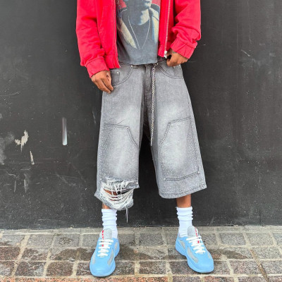 Custom Clothing Manufacturers Rhinestones Embroidery Logo distressed denim shorts