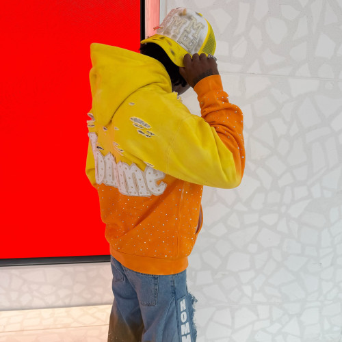 Custom Clothing Manufacturers Appliqué Embroidery Rhinestones Distressed Hoodie