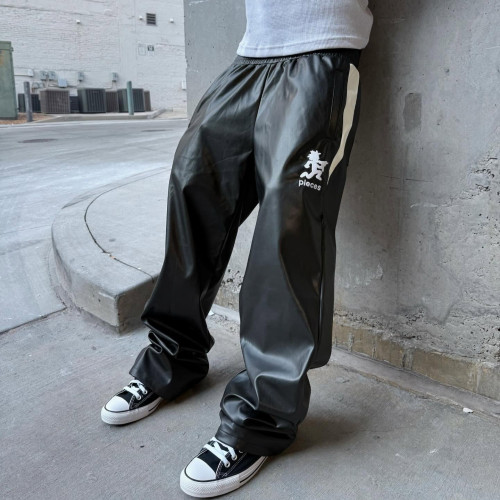 Custom Clothing Manufacturers Embroidery Logo Color-blocked leather pants