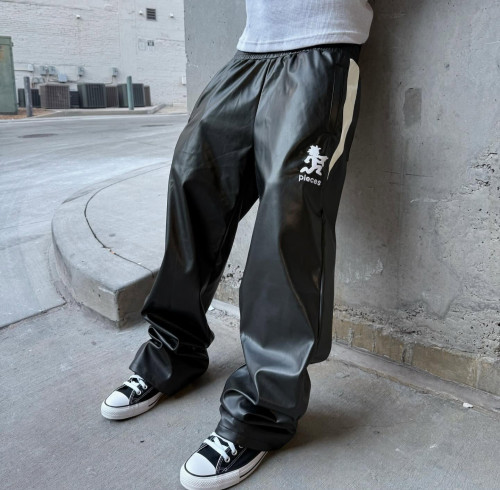 Custom Clothing Manufacturers Embroidery Logo Color-blocked leather pants