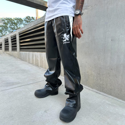 Custom Clothing Manufacturers Embroidery Logo Color-blocked leather pants