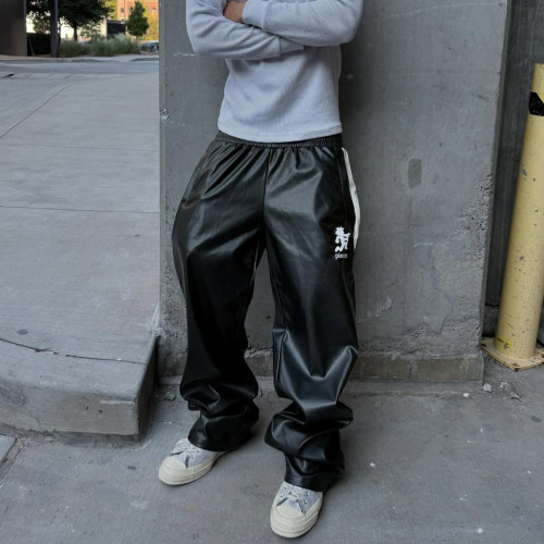 Custom Clothing Manufacturers Embroidery Logo Color-blocked leather pants