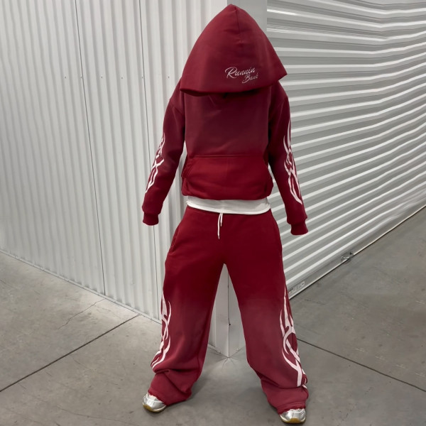 Custom Clothing Manufacturers Acid wash double-waisted distressed Hoodie set