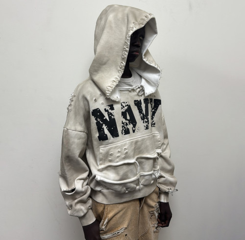 Custom Clothing Manufacturers Screen Printing Spray Dirty Effect Distressed Hoodie