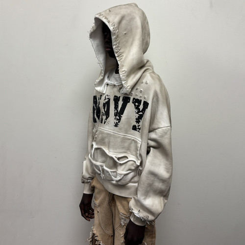 Custom Clothing Manufacturers Screen Printing Spray Dirty Effect Distressed Hoodie