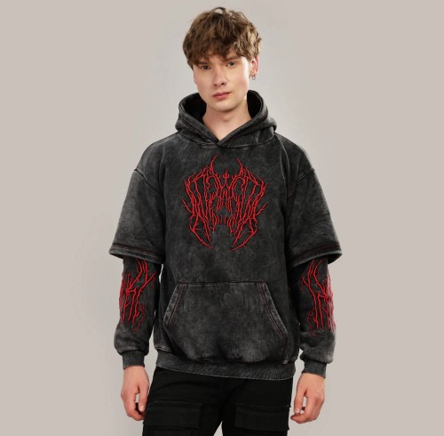 Custom Clothing Manufacturers Embroidery Acid Wash Double-layered Sleeves Hoodie
