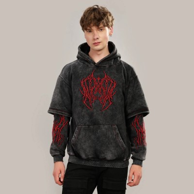 Custom Clothing Manufacturers Embroidery Acid Wash Double-layered Sleeves Hoodie