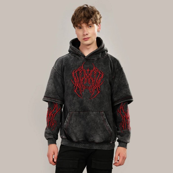 Custom Clothing Manufacturers Embroidery Acid Wash Double-layered Sleeves Hoodie