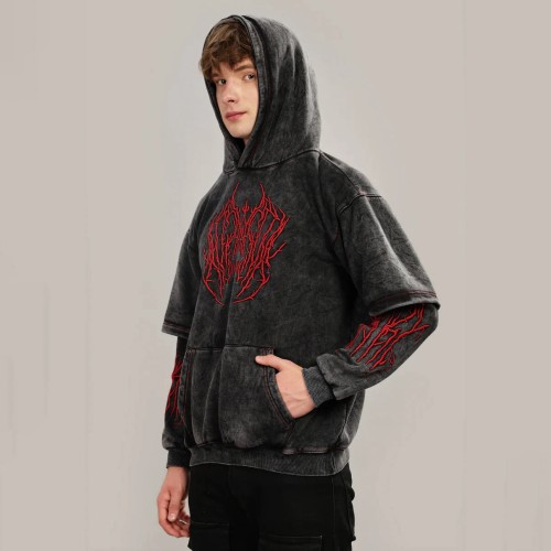 Custom Clothing Manufacturers Embroidery Acid Wash Double-layered Sleeves Hoodie