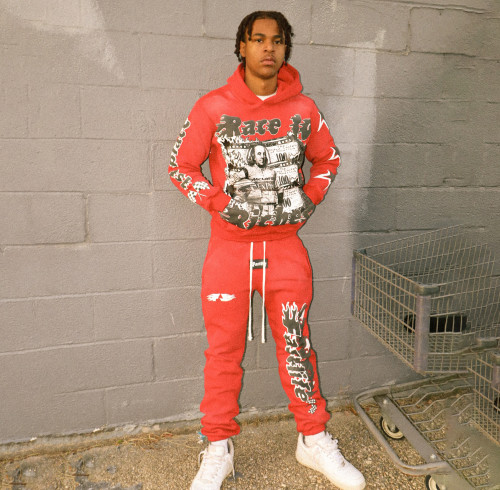 Custom Clothing Manufacturers Digital printing Acid Wash Hooded Sweatshirt Set