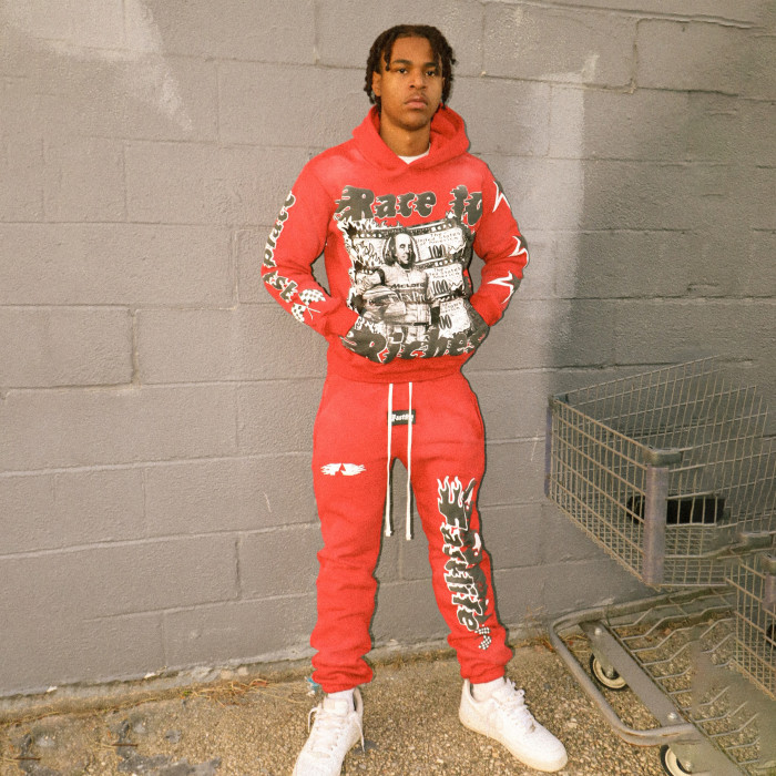 Custom Clothing Manufacturers Digital printing Acid Wash Hooded Sweatshirt Set