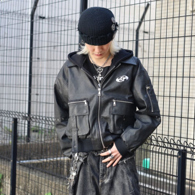 Custom Clothing Manufacturers PU Digital printing Hooded leather jacket