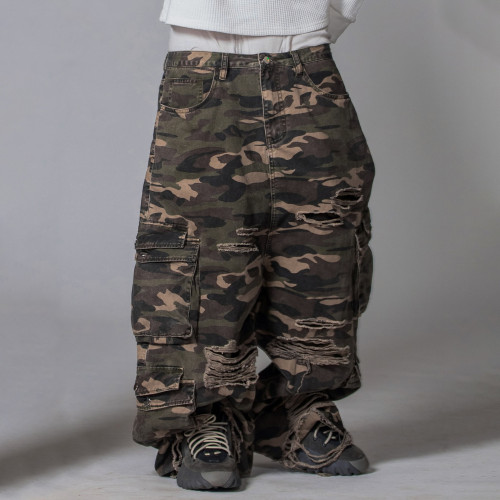 Custom Clothing Manufacturers Distressed Camouflage Cargo Pants
