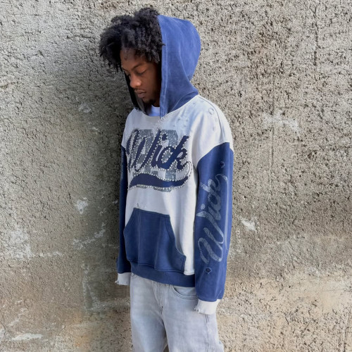 Custom Clothing Manufacturers Rhinestones Distressed Digital Printing Hoodies