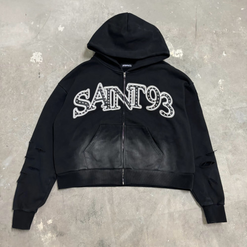 Custom Clothing Manufacturers Acid Wash Digital Printing Rhinestone Hoodies