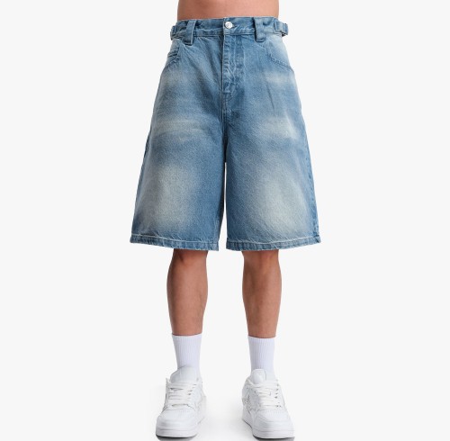 Custom Clothing Manufacturers Leather LOGO Acid Wash Denim Shorts