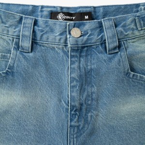 Custom Clothing Manufacturers Leather LOGO Acid Wash Denim Shorts