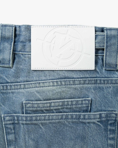 Custom Clothing Manufacturers Leather LOGO Acid Wash Denim Shorts