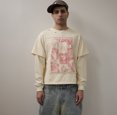 Custom Clothing Manufacturer Distressed Screen Printing Faux two-piece T-shirt