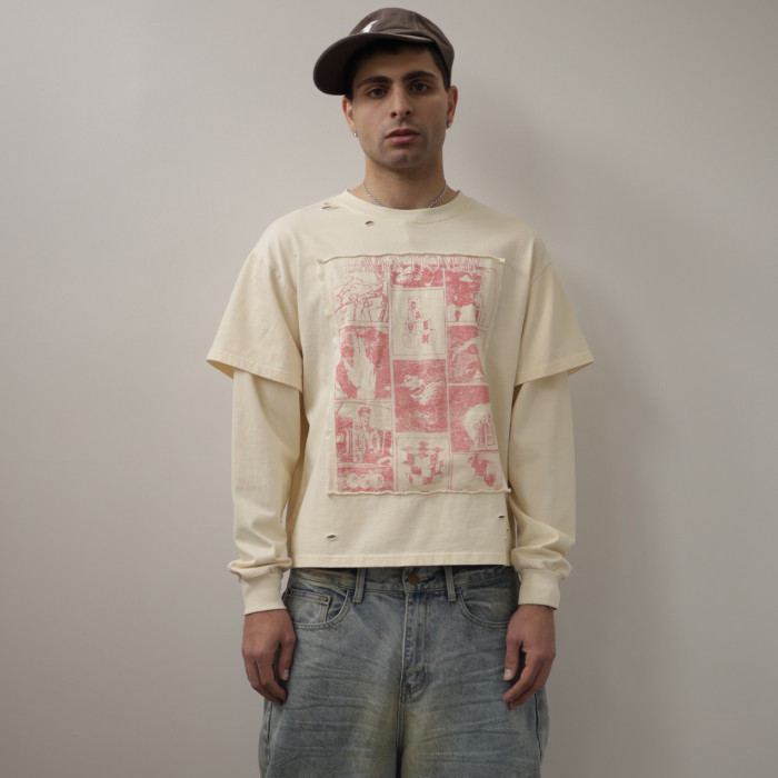 Custom Clothing Manufacturer Distressed Screen Printing Faux two-piece T-shirt