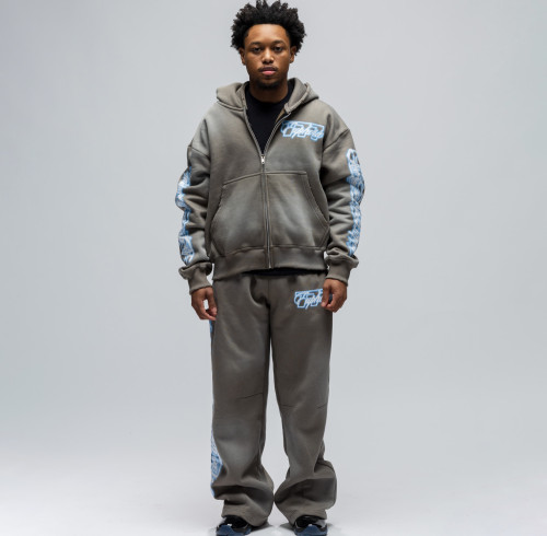 Custom Clothing Manufacturer Acid Wash Digital Printing Athletic Hoodie Set