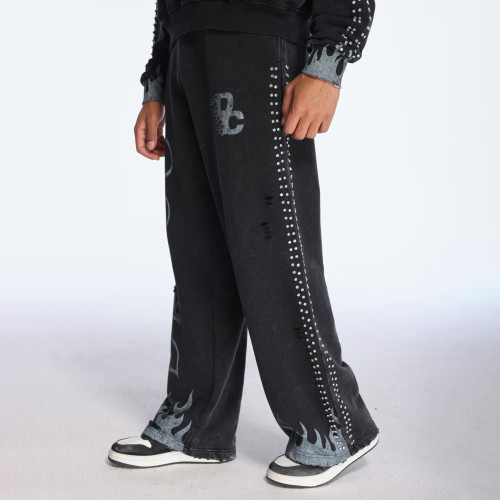 Custom Clothing Manufacturer Acid Wash Distressed Hot rhinestones Set