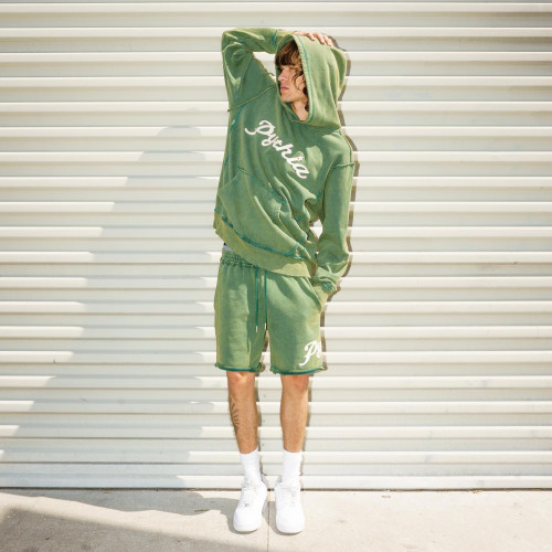 Custom Clothing Manufacturer Acid Wash Embroidery Athletic Hoodie Set