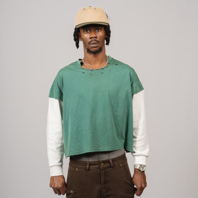 Custom Clothing Manufacturer Waffle-Print Faux Two-Piece Ripped T-shirt