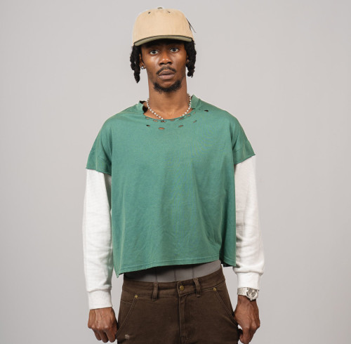 Custom Clothing Manufacturer Waffle-Print Faux Two-Piece Ripped T-shirt