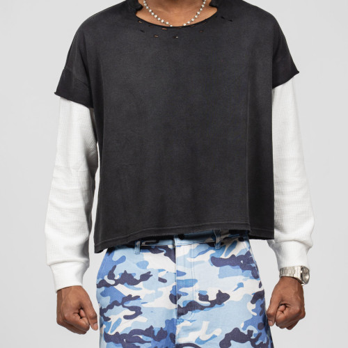 Custom Clothing Manufacturer Waffle-Print Faux Two-Piece Ripped T-shirt
