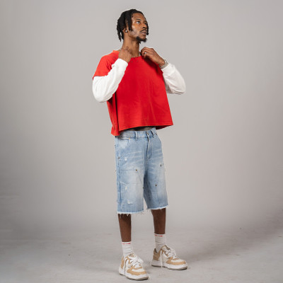Custom Clothing Manufacturer Waffle-Print Faux Two-Piece Ripped T-shirt
