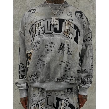 Custom  Embroidered Distressed Graffiti All-Over Print Sweatshirt set