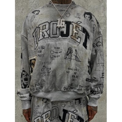 Custom  Embroidered Distressed Graffiti All-Over Print Sweatshirt set
