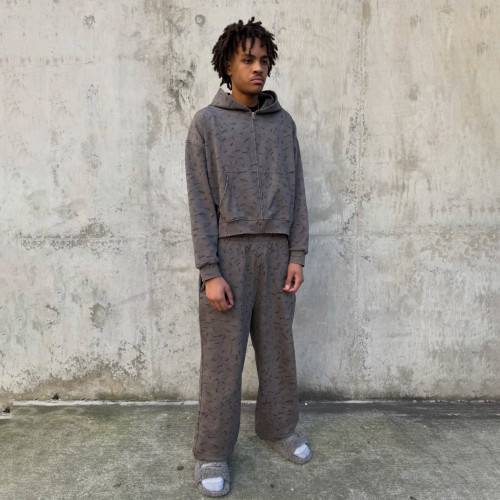 Custom  Clothing manufacturers Retro Washed Cropped Zip-up Hoodie Set