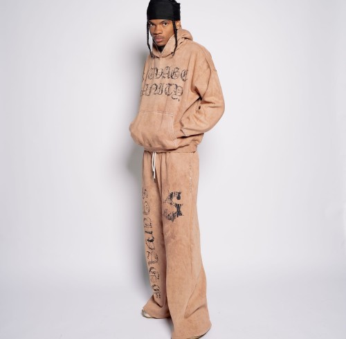 Custom Clothing Manufacturers Acid Wash Distressed Printed Hoodie Set