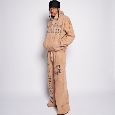 Custom Clothing Manufacturers Acid Wash Distressed Printed Hoodie Set