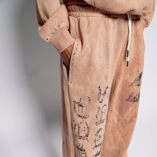 Custom Clothing Manufacturers Acid Wash Distressed Printed Hoodie Set