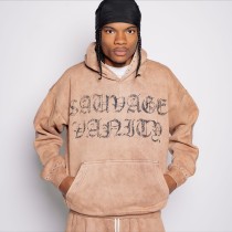 Custom Clothing Manufacturers Acid Wash Distressed Printed Hoodie Set