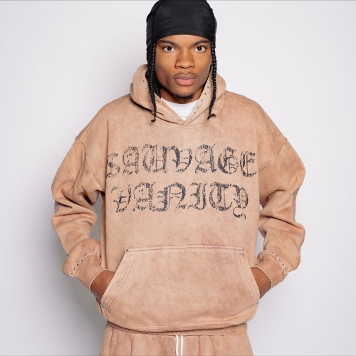 Custom Clothing Manufacturers Acid Wash Distressed Printed Hoodie Set