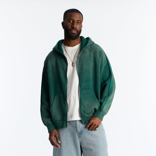 Custom Clothing Manufacturers Distressed Acid-Wash Zipper Hoodies