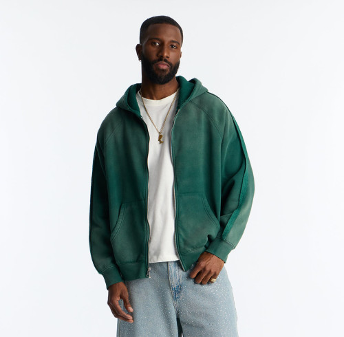 Custom Clothing Manufacturers Distressed Acid-Wash Zipper Hoodies