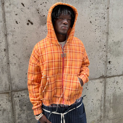 Custom Clothing Manufacturer Distressed Zip-Up Checkered Hoodies