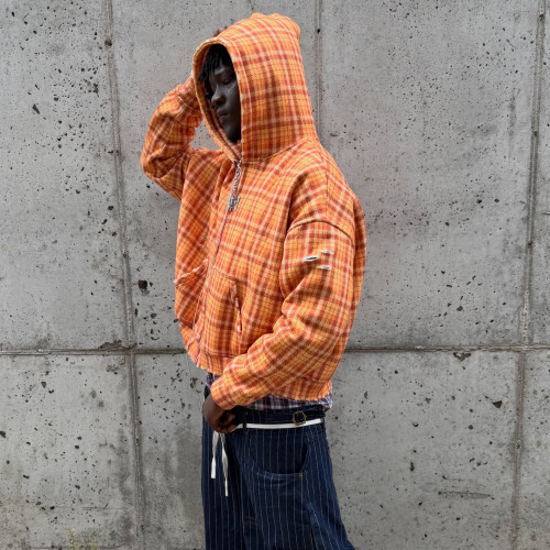 Custom Clothing Manufacturer Distressed Zip-Up Checkered Hoodies