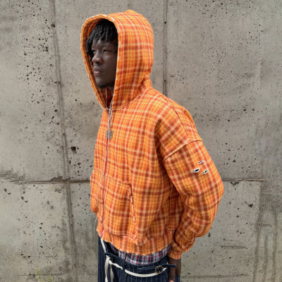 Custom Clothing Manufacturer Distressed Zip-Up Checkered Hoodies