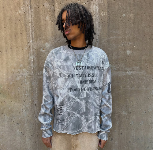 Custom Clothing Manufacturer Camouflage Printing Distressing Raw T-shirt